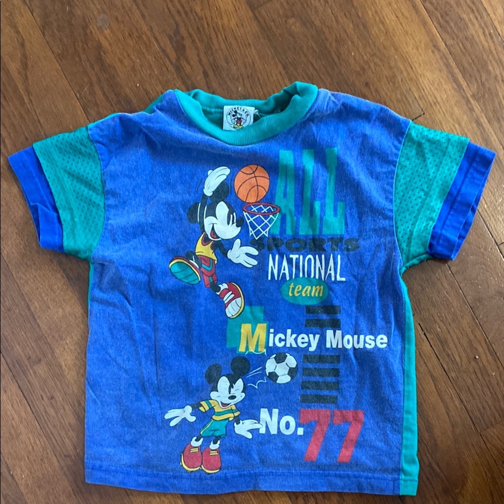 Vintage Blue and Green Short Sleeve Tee with Cartoon Print